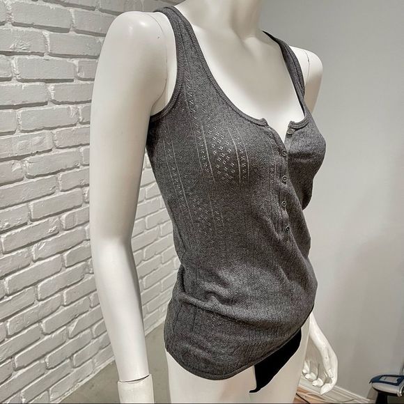 ZADIG & VOLTAIRE “DONELLI” GRAY TEXTURED CLOVER PATTERN HENLEY PIQUÉ TANK TOP - Picture 8 of 16